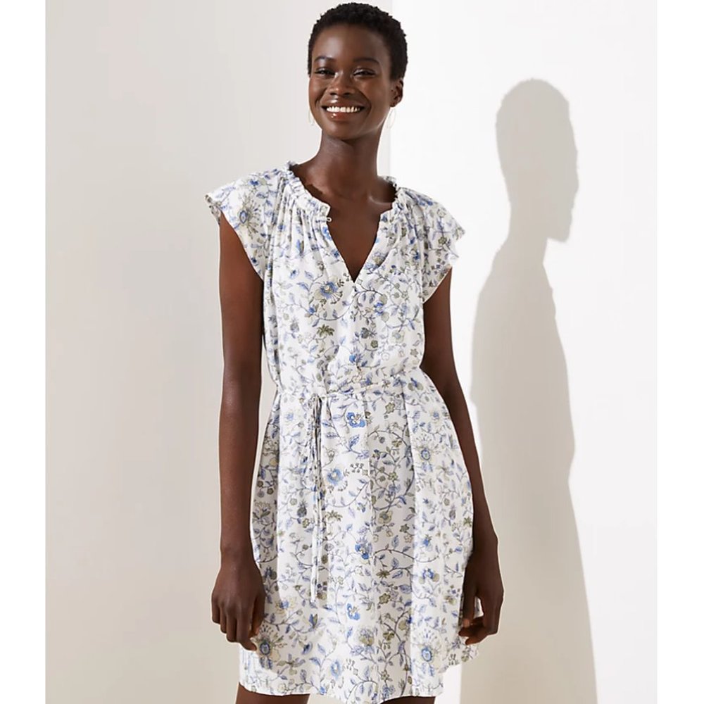 LOFT Floral Ruffled Split Neck Dress (NWT)